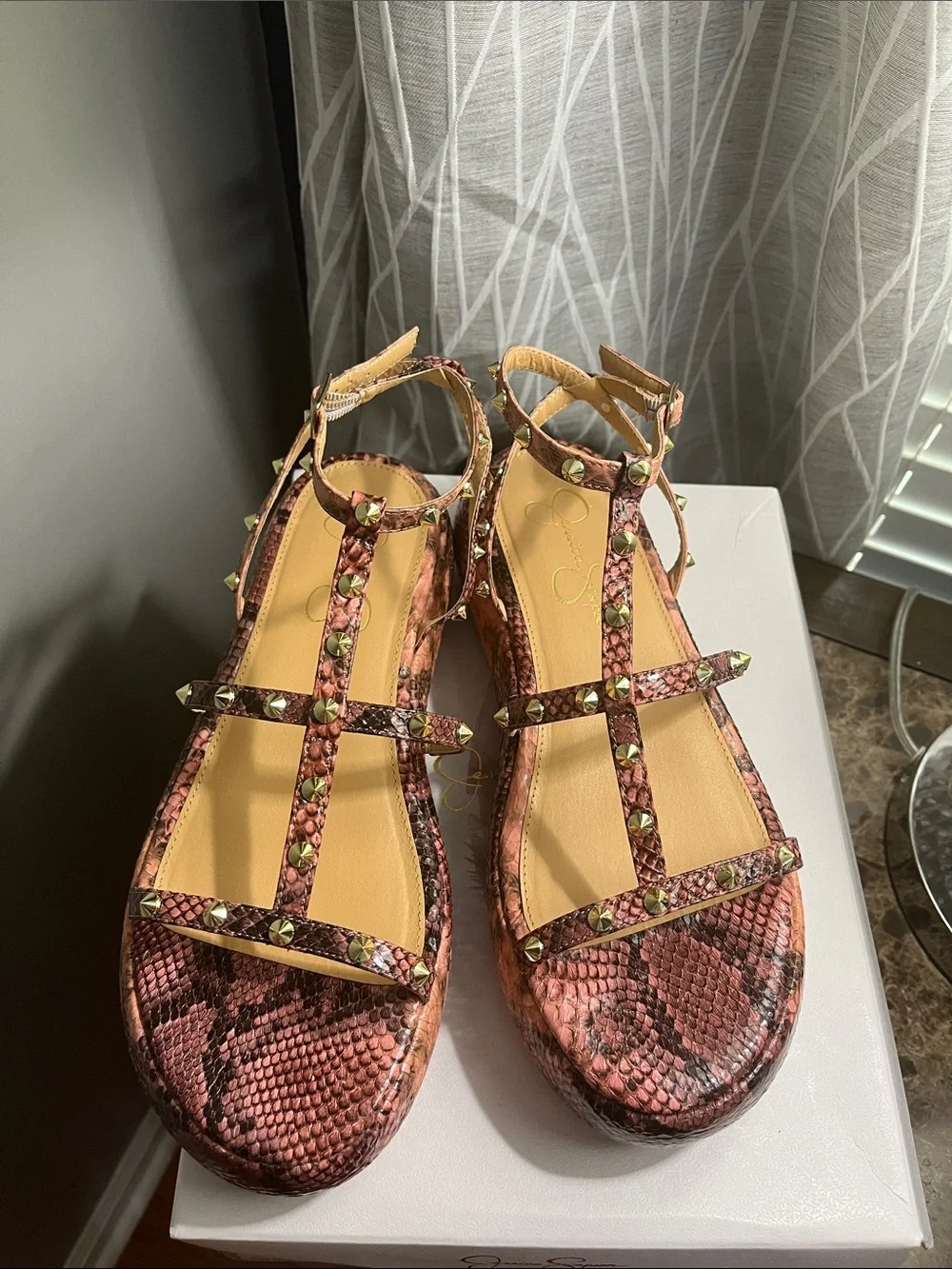Jessica Simpson Rose Pink Snake-Print Platform Sandals